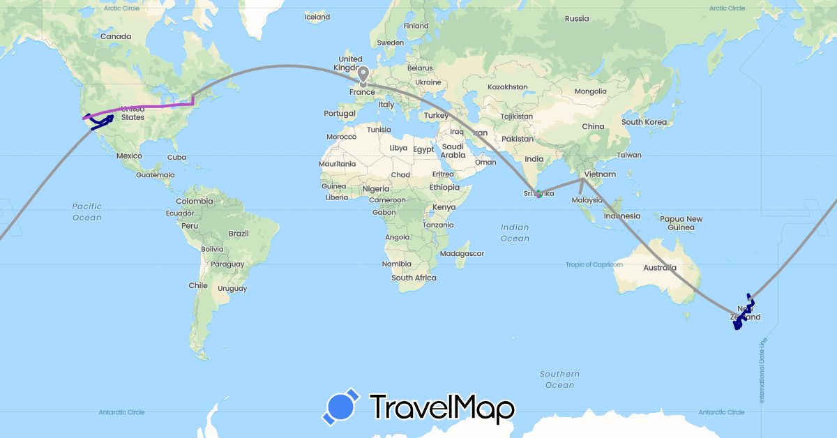 TravelMap itinerary: driving, bus, plane, train, boat in Australia, Canada, France, Sri Lanka, New Zealand, Thailand, United States (Asia, Europe, North America, Oceania)